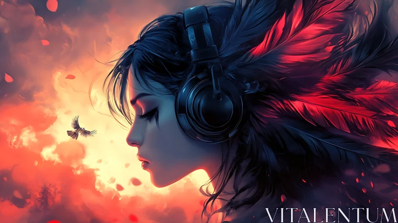 Profile portrait of headphone user with stylized red feathers.
