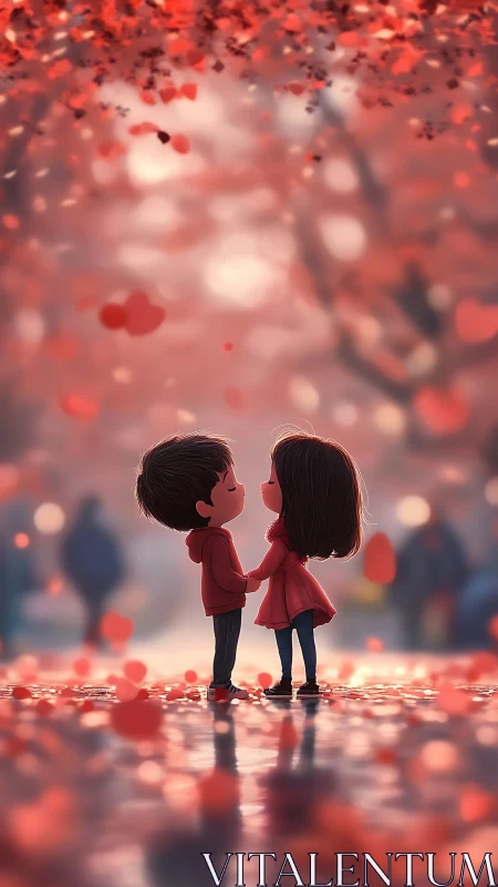 Two Hearts Hold Embrace Beneath Cascading Love's Gentle Glow.