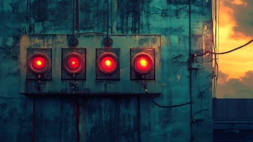 Moody industrial wall glowing with four bold red lights.