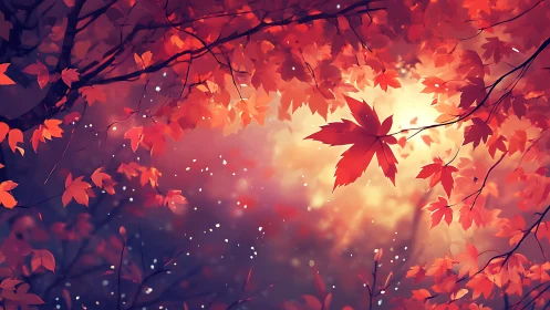 Radiant backlit maple canopy with particulate autumnal bokeh.