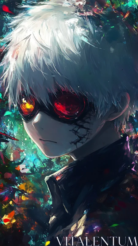 White-haired masked antihero amid explosive neon strokes.
