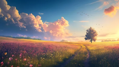 Lone tree in vivid sunset meadow under glowing clouds.