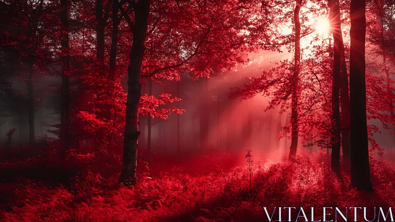Crimson Forest Awakening at Dawn—Atmospheric Woodland Landscape.