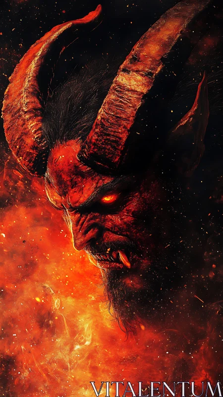 Infernal horned warlord roaring from a storm of embers.