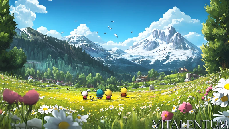Alpine meadow panorama with stylized explorers in bloomscape.