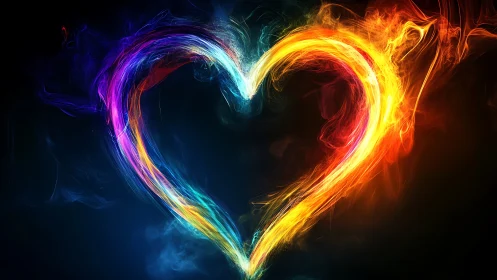 Luminous heart shape bursts with vibrant neon fire.