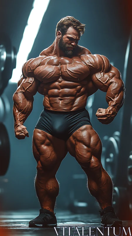 Steel-sinewed titan flexes under neon gym thunderlight.