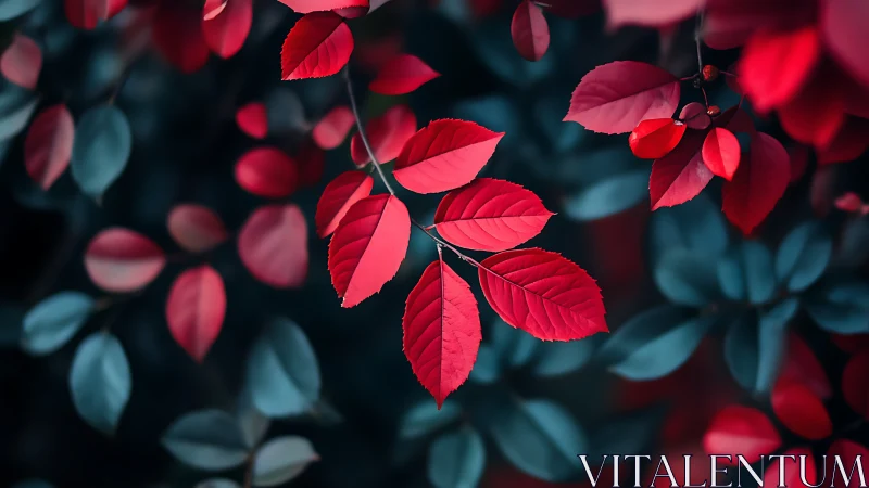 Crimson leaf constellation against dreamy teal understory.