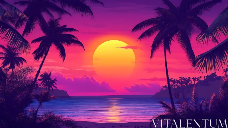 Neon sunset glows over tropical palm-framed shoreline panorama.