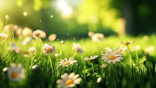 Daisy field bathed in golden sunlight and soft bokeh depths.
