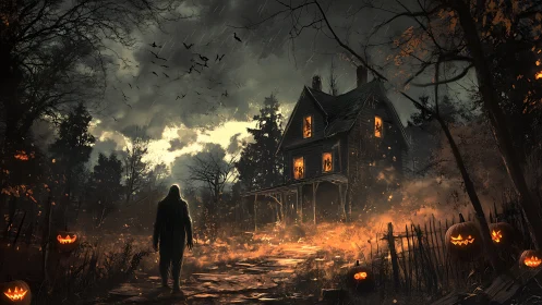 Hooded figure approaching pumpkin-lit haunted farmhouse at dusk.