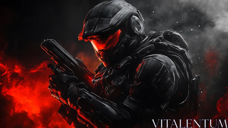 Armored sci fi soldier aims weapon amid searing red smoke