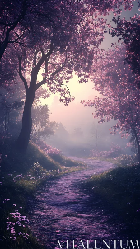 Ethereal Forest Pathway: Lavender-Toned Trees in Misty Woodland Light.