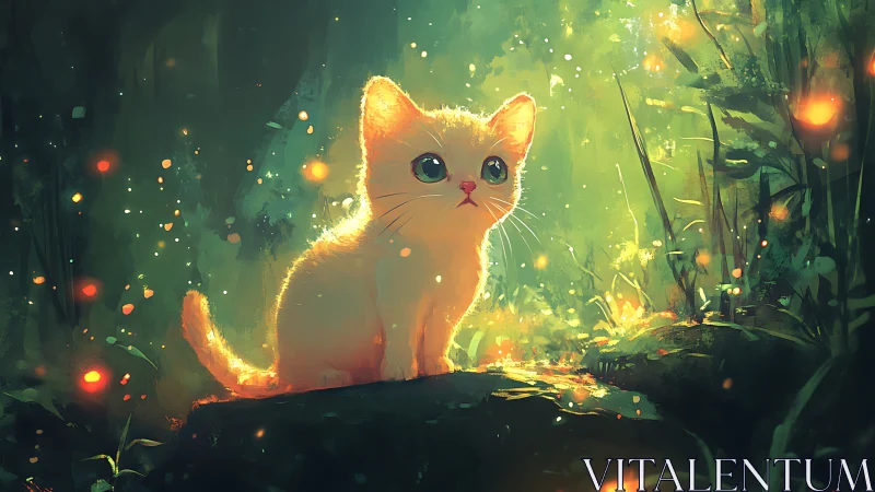 Glowing Cat in Mystical Forest Surrounded by Light Particles.
