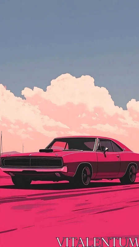 Muscle car lounges beneath sherbet clouds on neon highway