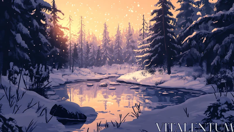 Snow covered forest river reflects orange winter sunset