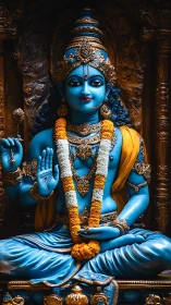 Blue divine deity in marigold garlands and jeweled splendor.