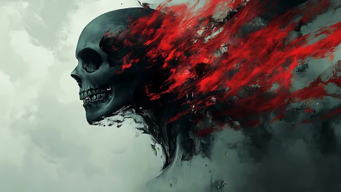 Skull dissolves into crimson smoke in a haunting digital storm
