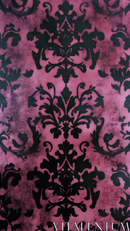 Ornate black damask pattern on textured magenta ground.