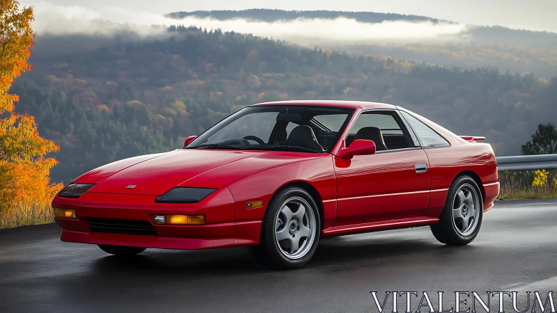 Red sports coupe stands on wet mountain road at sunrise