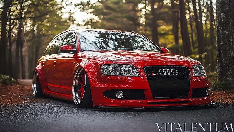 Red tuned Audi wagon prowls a calm forest road at dusk