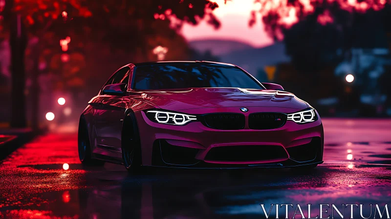 Sleek pink sports car glowing on a dreamy sunset street.