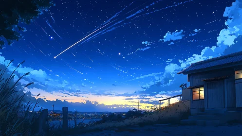Streaking stars paint a quiet blue night above a cozy home