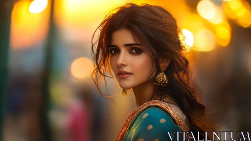 Woman in teal sari under golden city evening lights