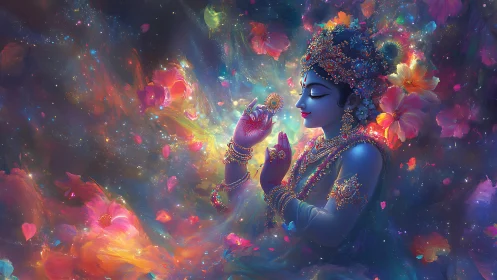 Celestial blue deity cradling starlight amid cosmic blooms.