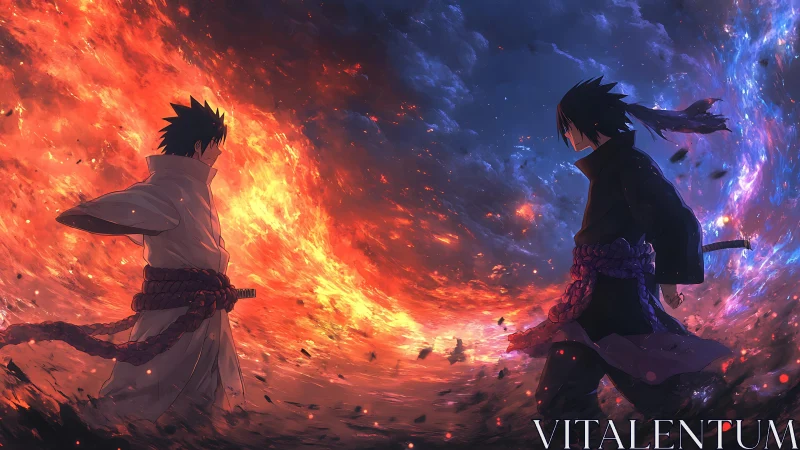 Rivals stand between swirling fire and stormlit night sky.