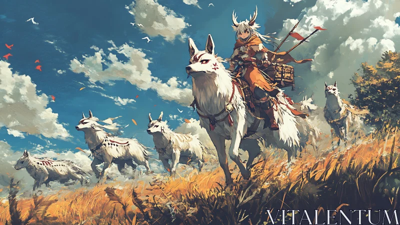 Rider on white wolf mounts crossing open grassland field.