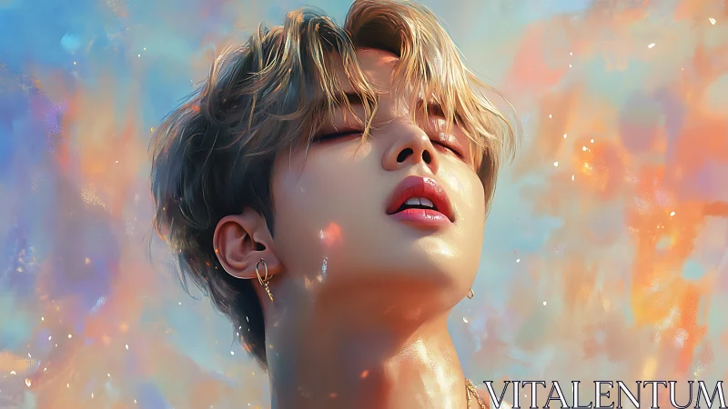 Sunlit dreamer bathed in soft pastel sky glow.