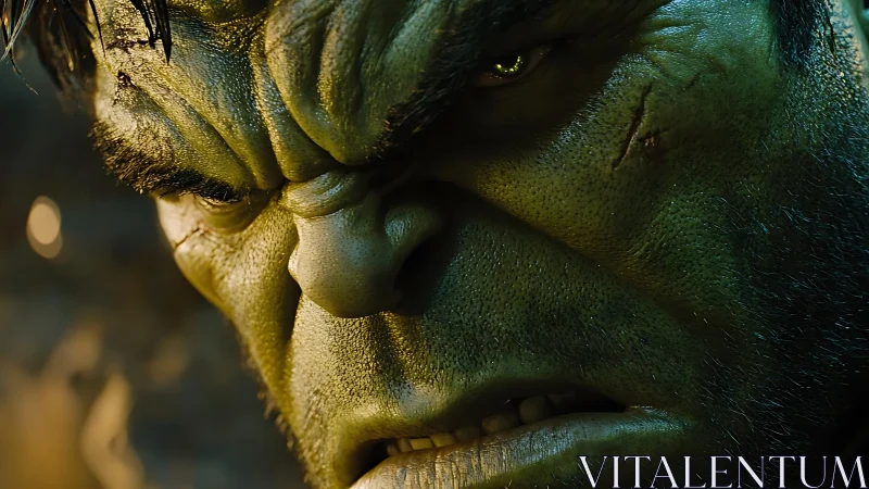 Hyperreal green-skinned humanoid face in intense close-up