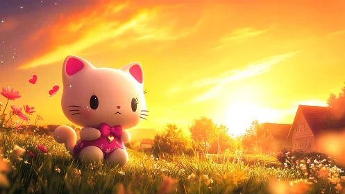 Sunset cuddle-kitten glows in honeyed meadow light.
