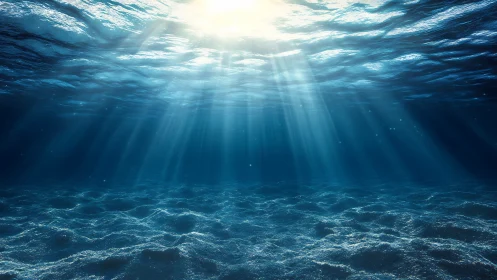 Sunlit underwater seascape with rippled sandy seafloor.