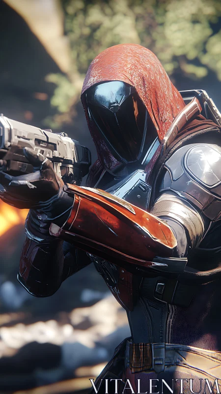 Armored sci‑fi marksman holds aim in a sunlit forest