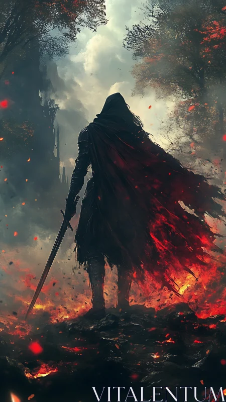 Hooded warrior stands over smoldering ground in dramatic chiaroscuro