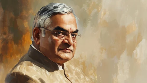 Textured digital portrait of elder man in beige Nehru jacket