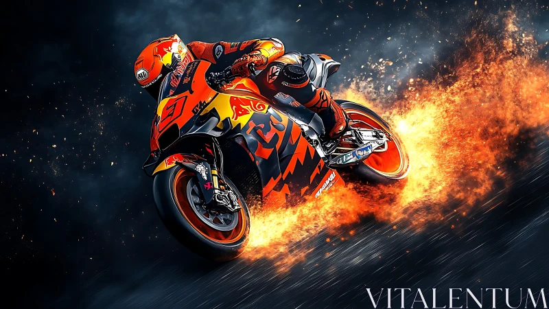 Flaming superbike leans into turn in high-speed digital render