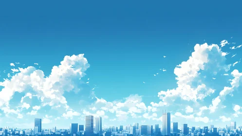 Urban skyline under expansive blue sky with clouds.