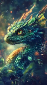 Emerald forest dragon glows under drifting golden embers.