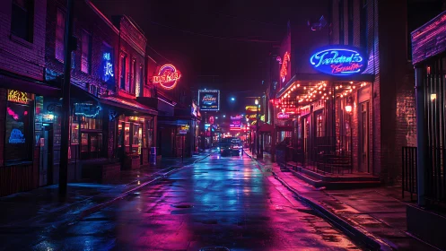 Neon-soaked city street glowing softly after night rain.