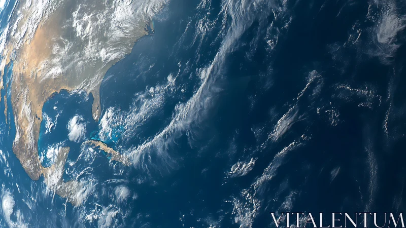 Curved Earth horizon shows North America and swirling clouds.