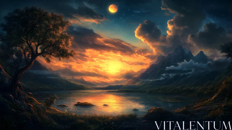 Mythic mountain lake under blazing lunar sunset glow.