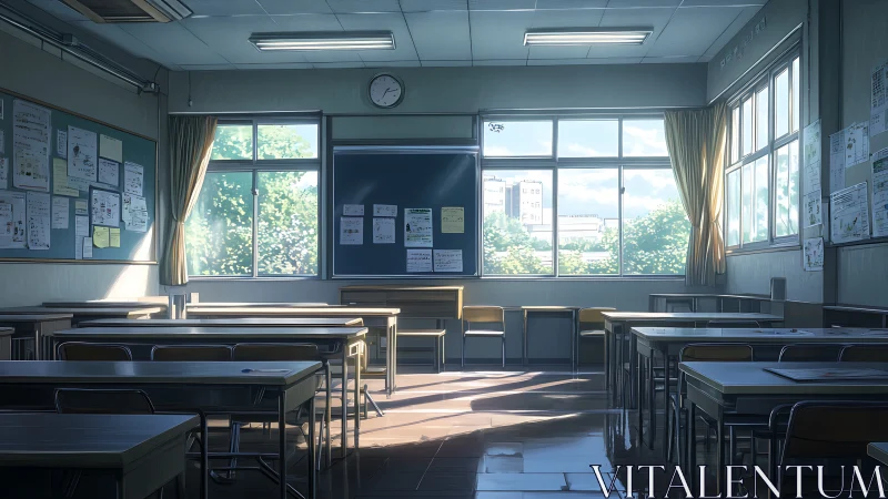 Sunlit empty classroom with desks and large windows.