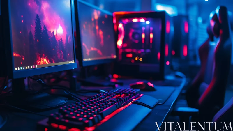 Neon-drenched gaming battlestations glowing in midnight calm.