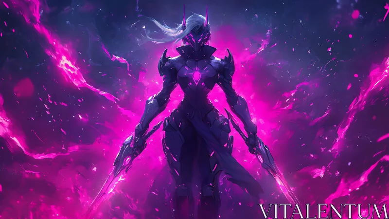 Cybernetic warrior emerges in neon magenta cosmic storm.