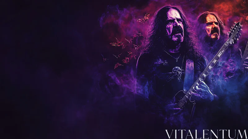 Triadic metal guitarist in nebular violet and crimson haze.