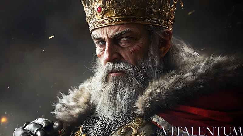 Battle-hardened medieval king stares forward in dim light