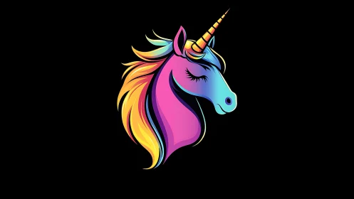 Vibrant neon unicorn head with flowing rainbow mane.